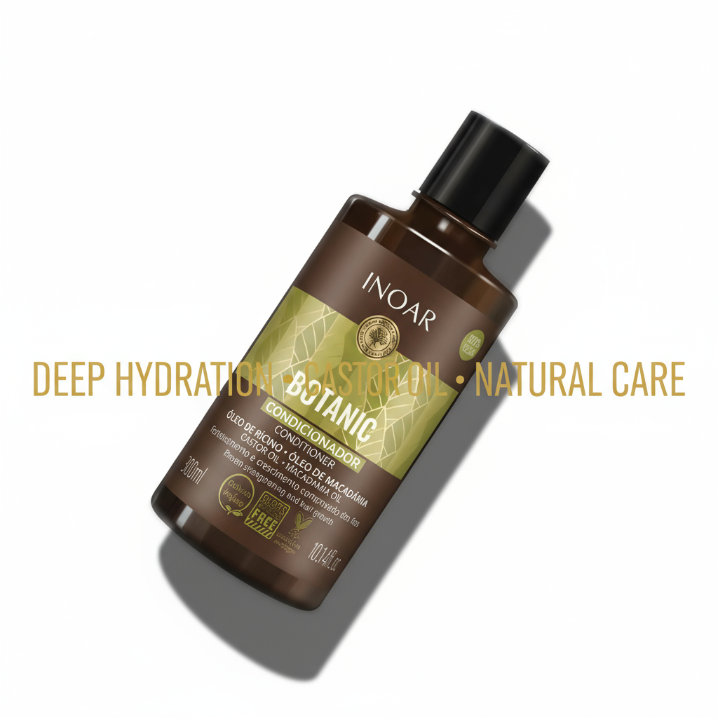Inoar botanic conditioner with castor oil bottle for deep hydration and natural hair care