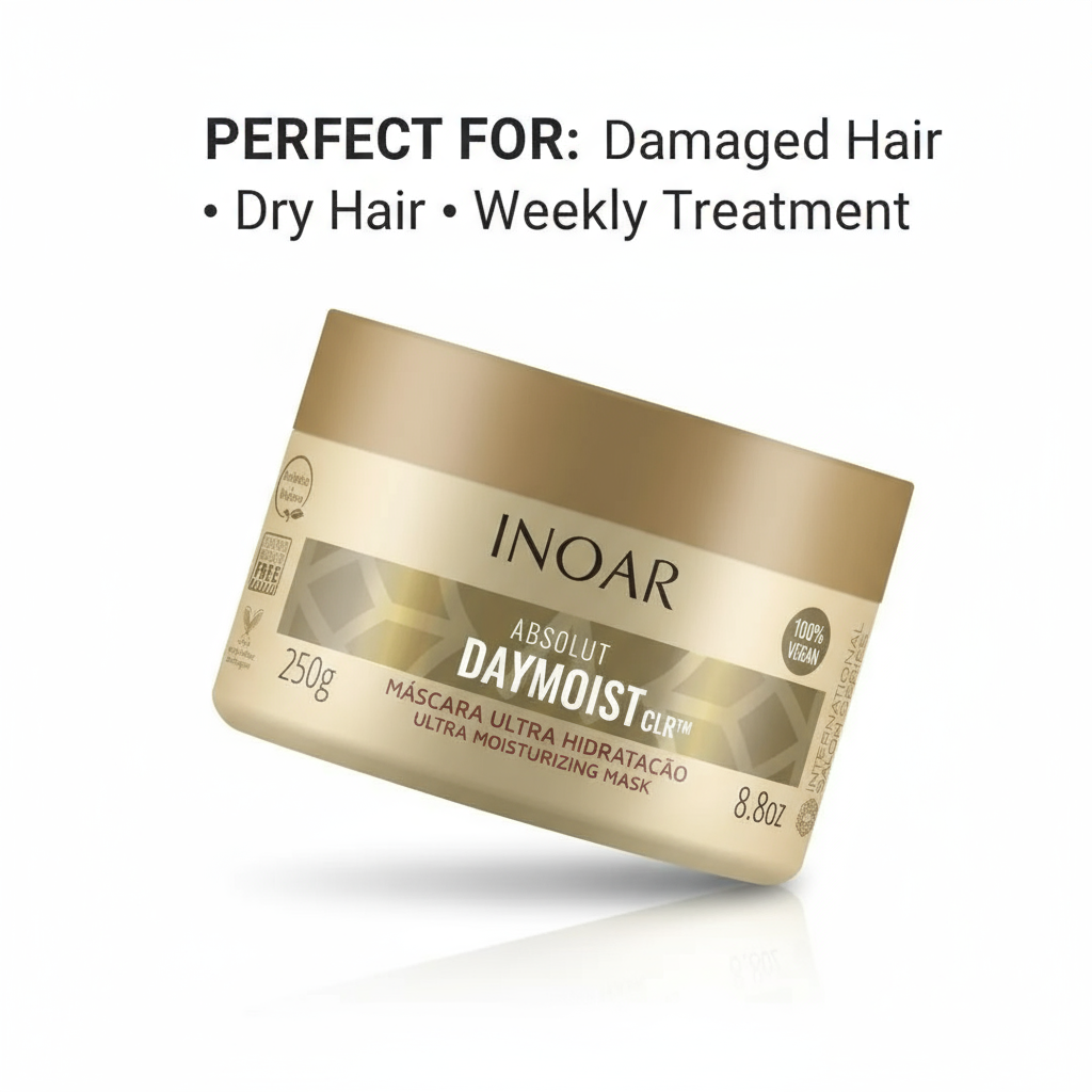 Inoar Day Moist Mask deep conditioning treatment in gold jar for damaged and dry hair weekly use