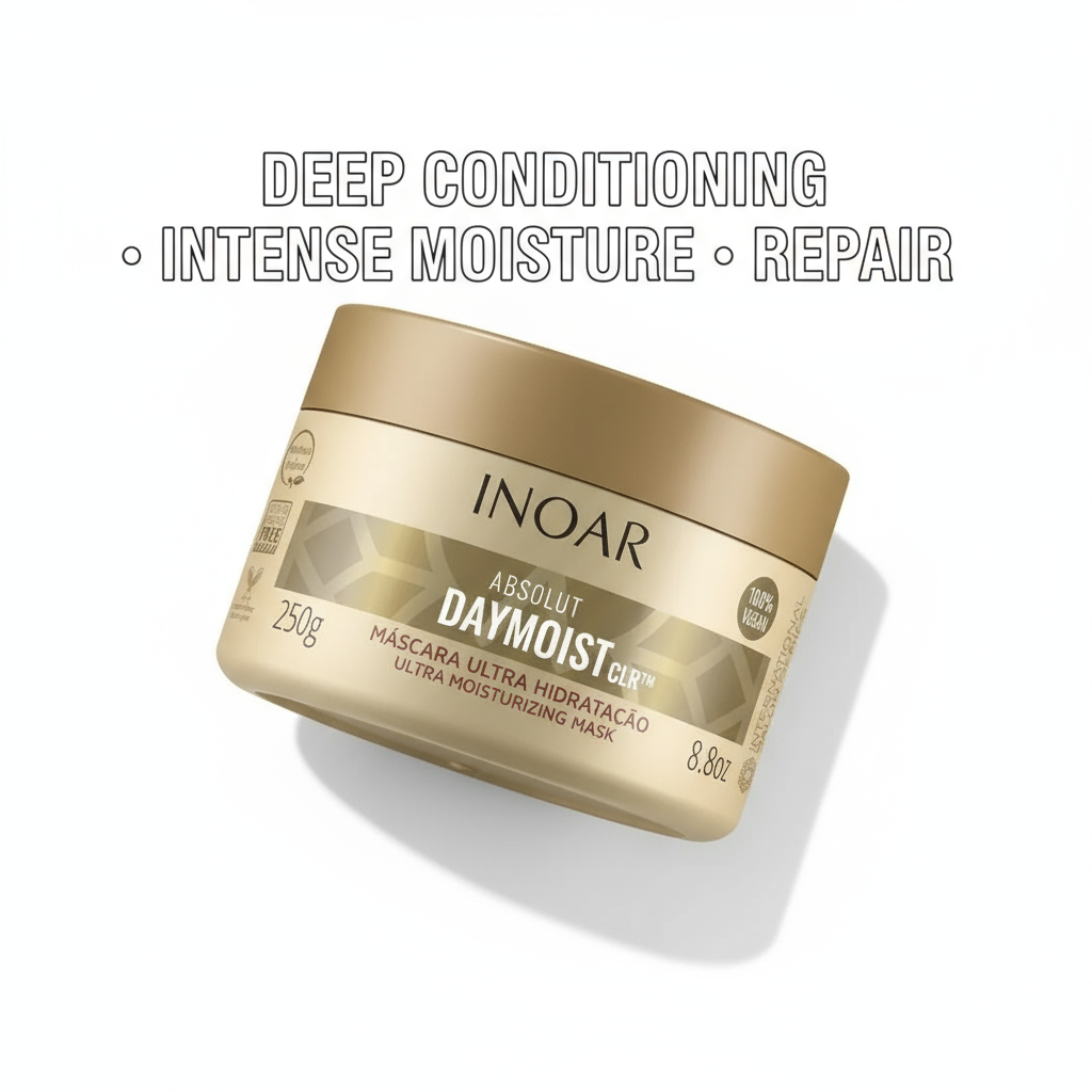 Inoar Day Moist Mask deep conditioning treatment ultra moisturizing hair mask in gold jar