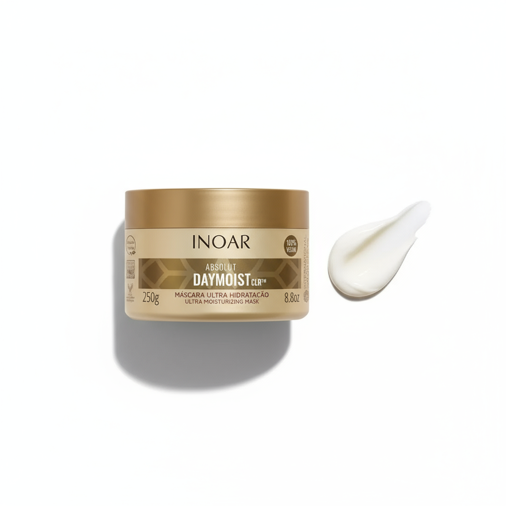 Inoar Day Moist Mask deep conditioning treatment in gold jar with cream swatch on white background