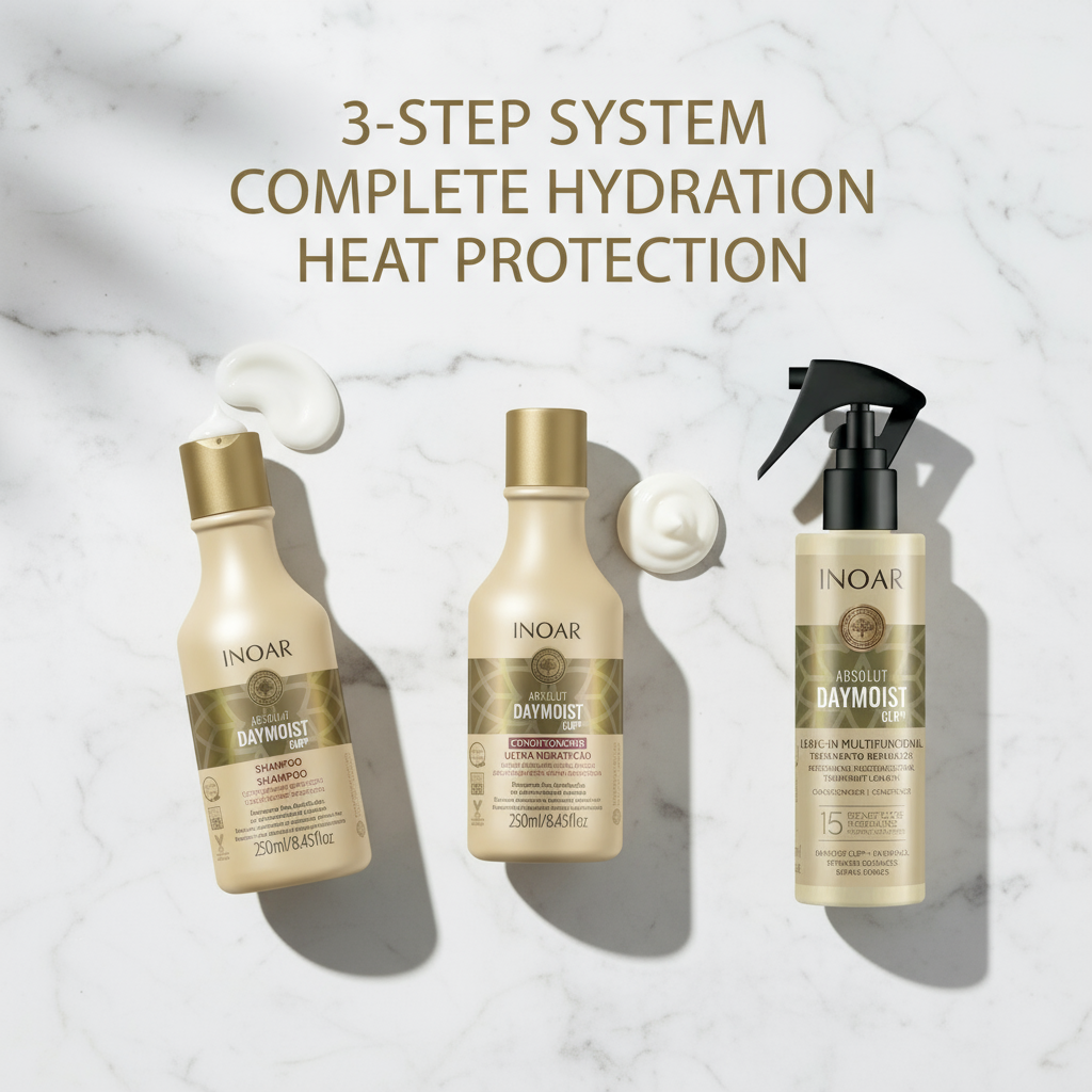 Inoar Daymoist Complete Hydration System 3-step hair care bundle with shampoo conditioner and heat protectant