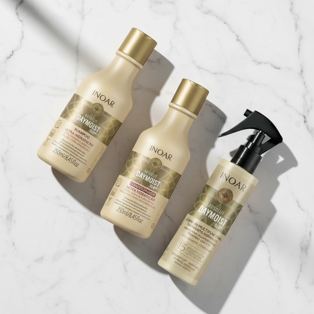 Inoar Daymoist Complete Hydration System hair care bundle with shampoo, conditioner, and leave-in spray bottles