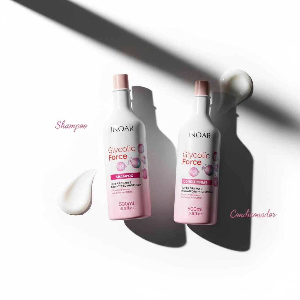 Inoar glycolic acid shampoo and conditioner bundle with 500ml bottles and creamy texture on white background