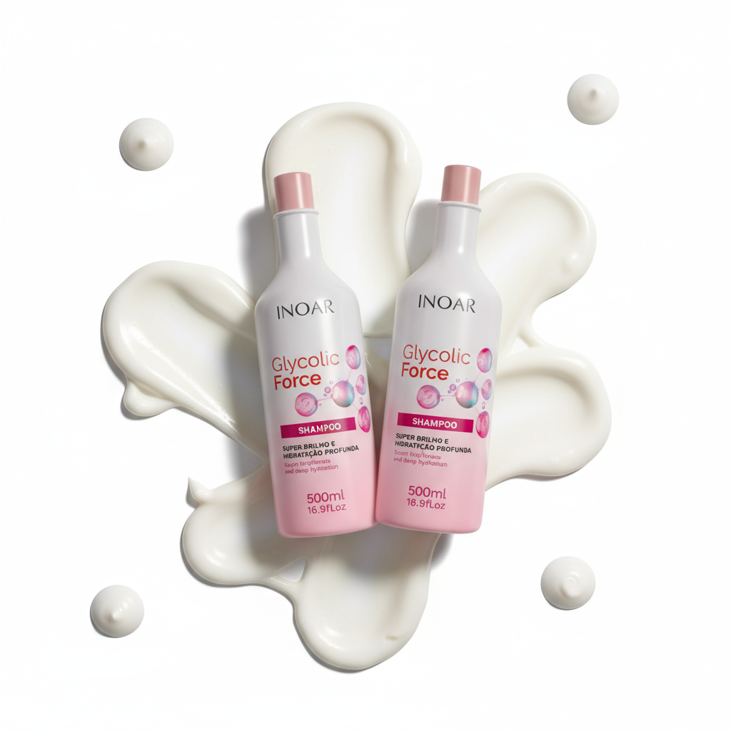 Inoar glycolic acid shampoo and conditioner bundle with pink and white bottles on creamy background