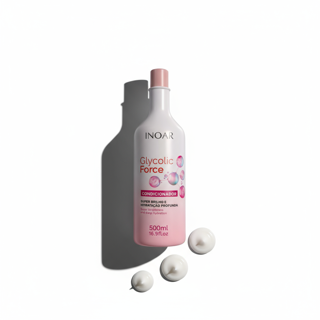 INOAR Glycolic Force Conditioner 500ml bottle with three dollops of conditioner on white background