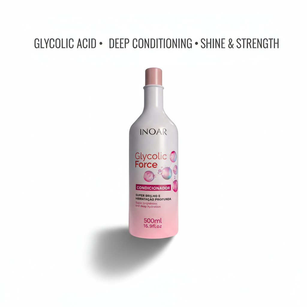 INOAR Glycolic Force Conditioner bottle with glycolic acid for deep conditioning shine and strength