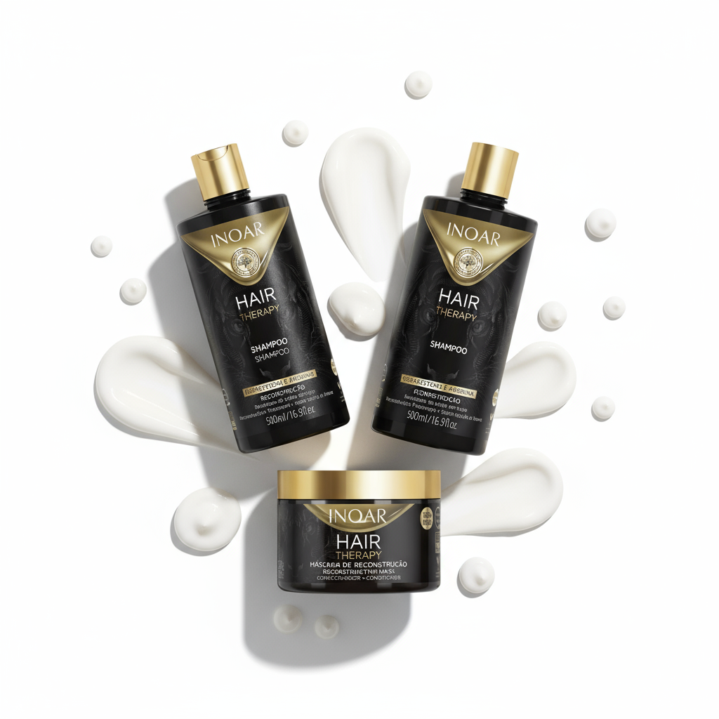 Inoar Hair Therapy 3-Step Repair System hair care bundle with black and gold shampoo and treatment containers