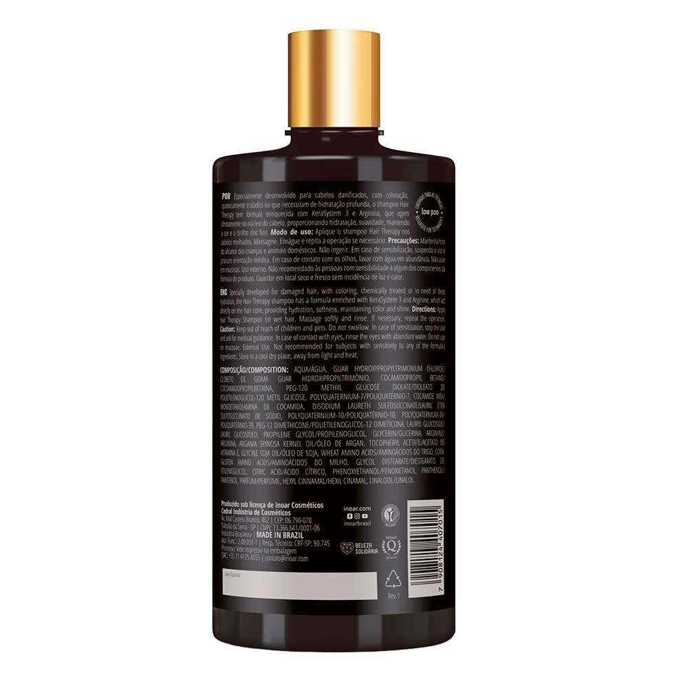 Inoar Hair Therapy Shampoo bottle with a gold cap featuring detailed ingredients and usage instructions