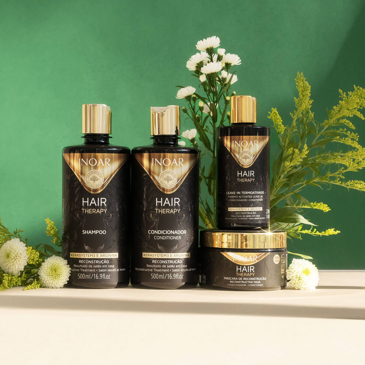 Inoar Hair Therapy Shampoo alongside conditioner and treatment products for healthy hair restoration