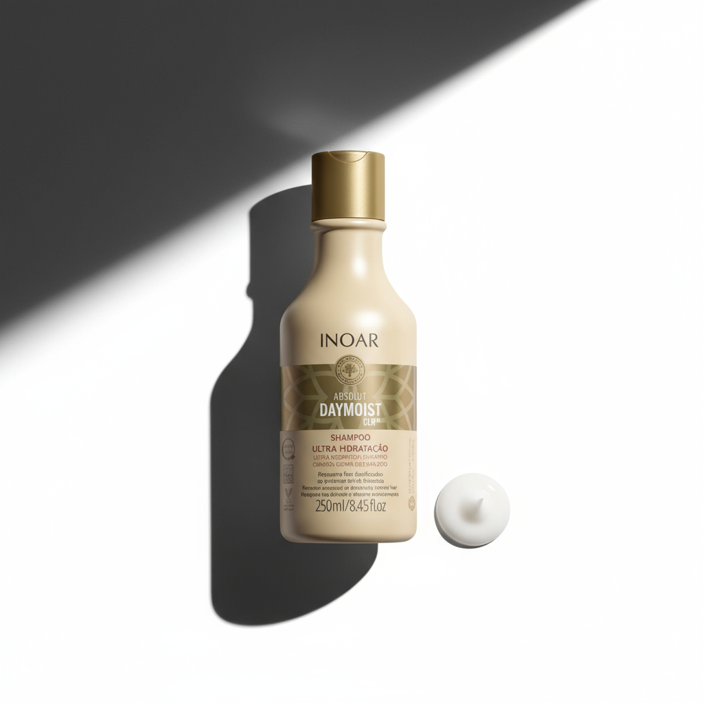 Inoar Absolut Daymoist Shampoo bottle with cream sample on white background with shadow
