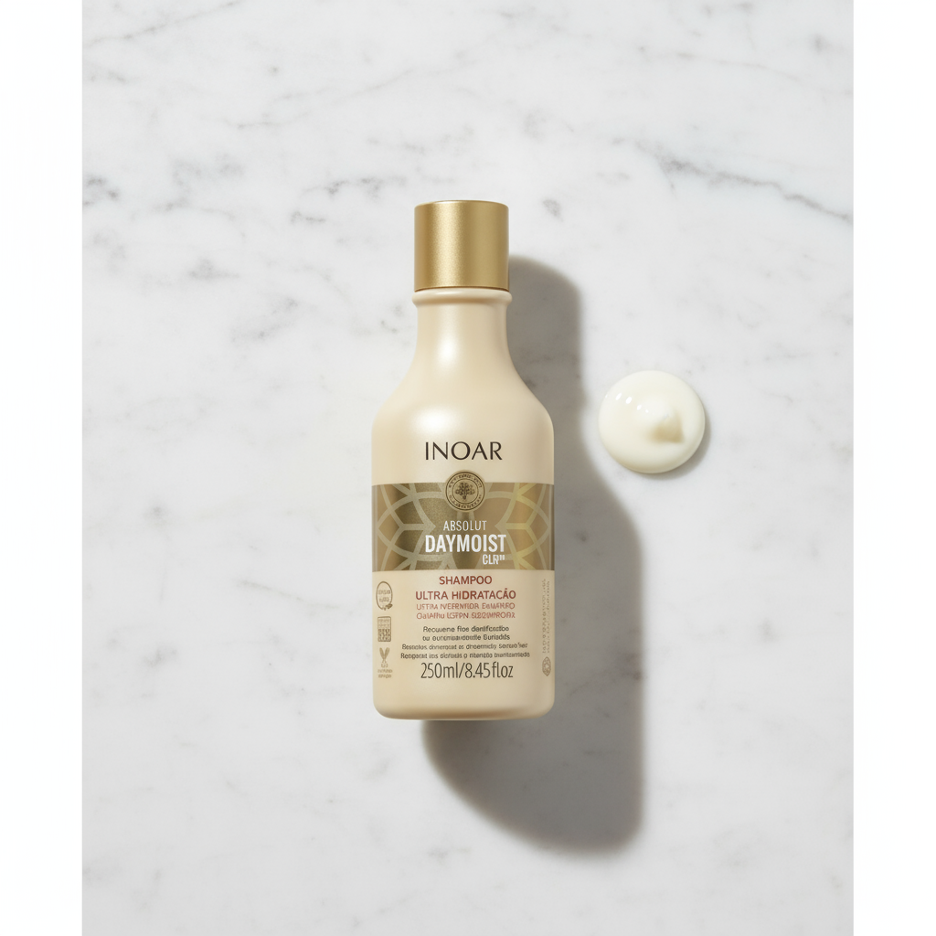 Inoar Absolut Daymoist Shampoo bottle 250ml with creamy texture on marble surface