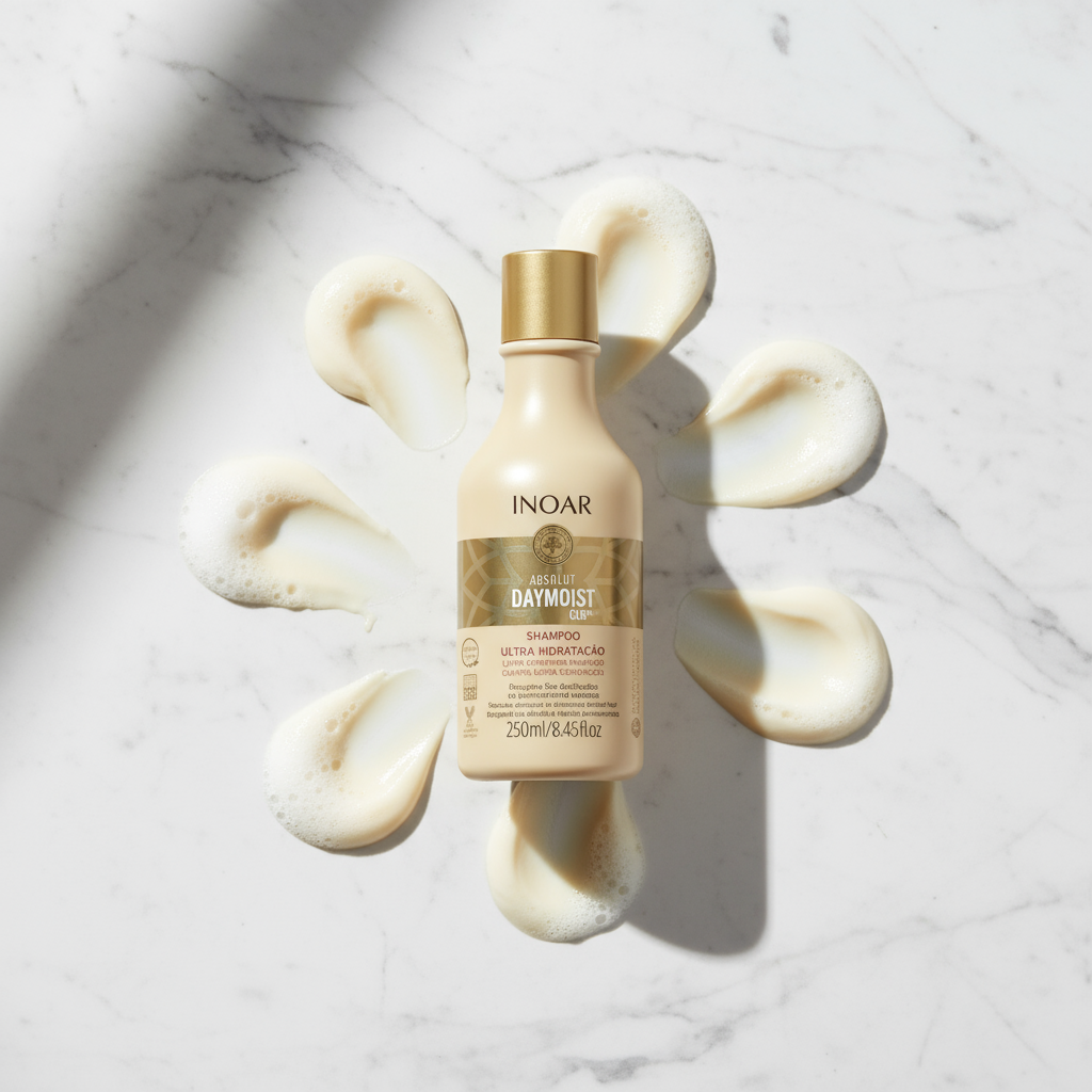 Inoar Absolut Daymoist Shampoo bottle with creamy foam drops on marble background