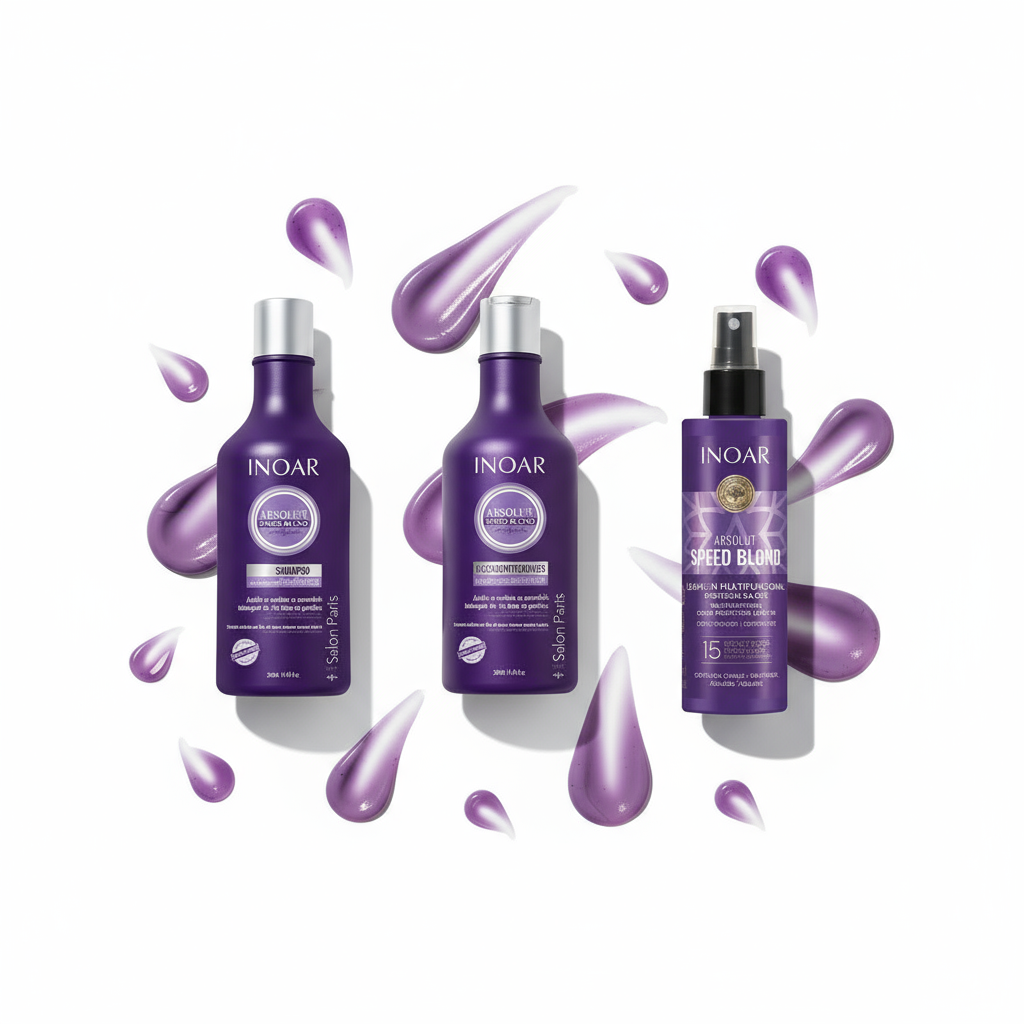 Inoar Absolut Speed Blond 3-Step System hair care bundle with purple shampoo, conditioner, and spray bottles