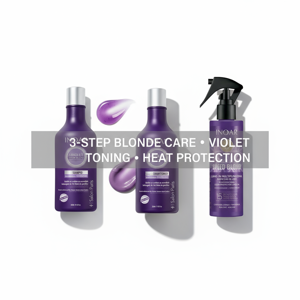 Inoar Absolut Speed Blond 3-Step System hair care bundle with violet shampoo, conditioner, and heat protection spray