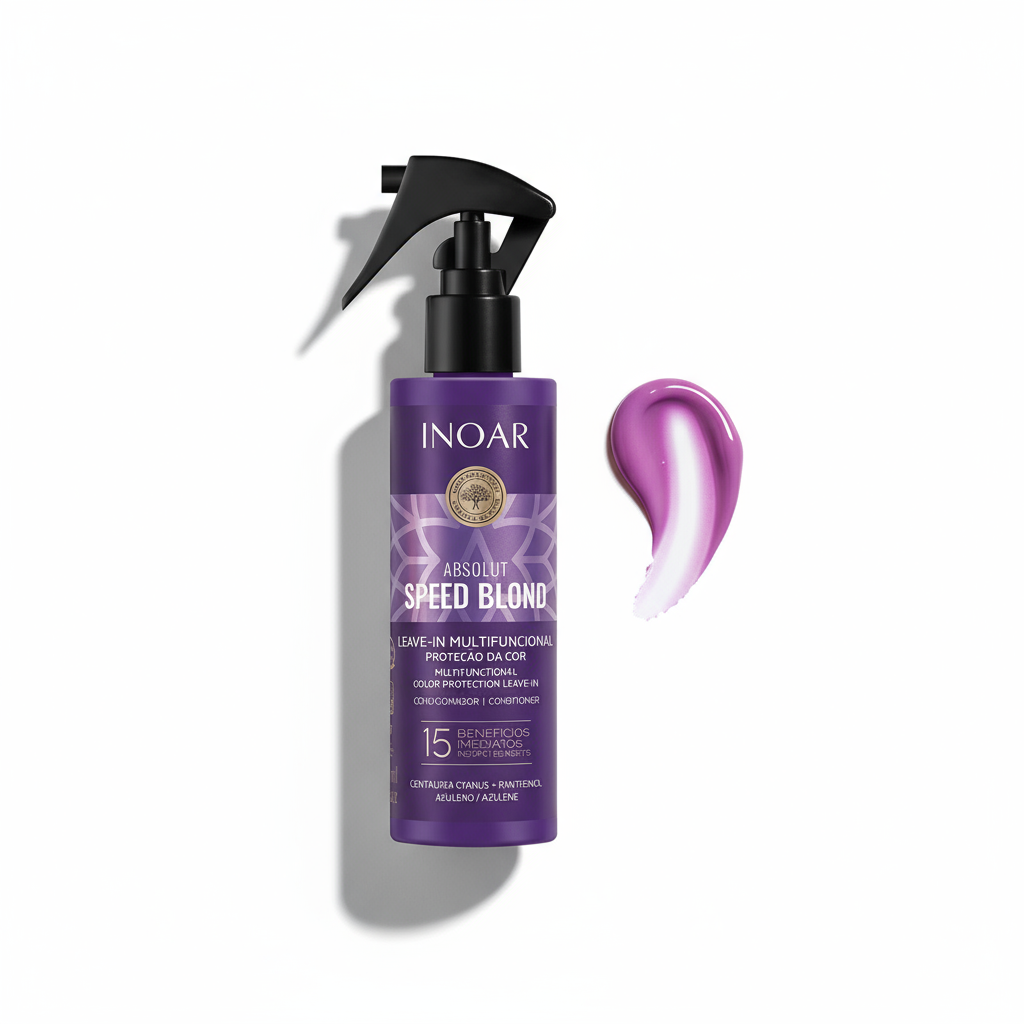 Inoar Absolut Speed Blond Leave-In spray bottle with purple leave in treatment swatch for blond hair