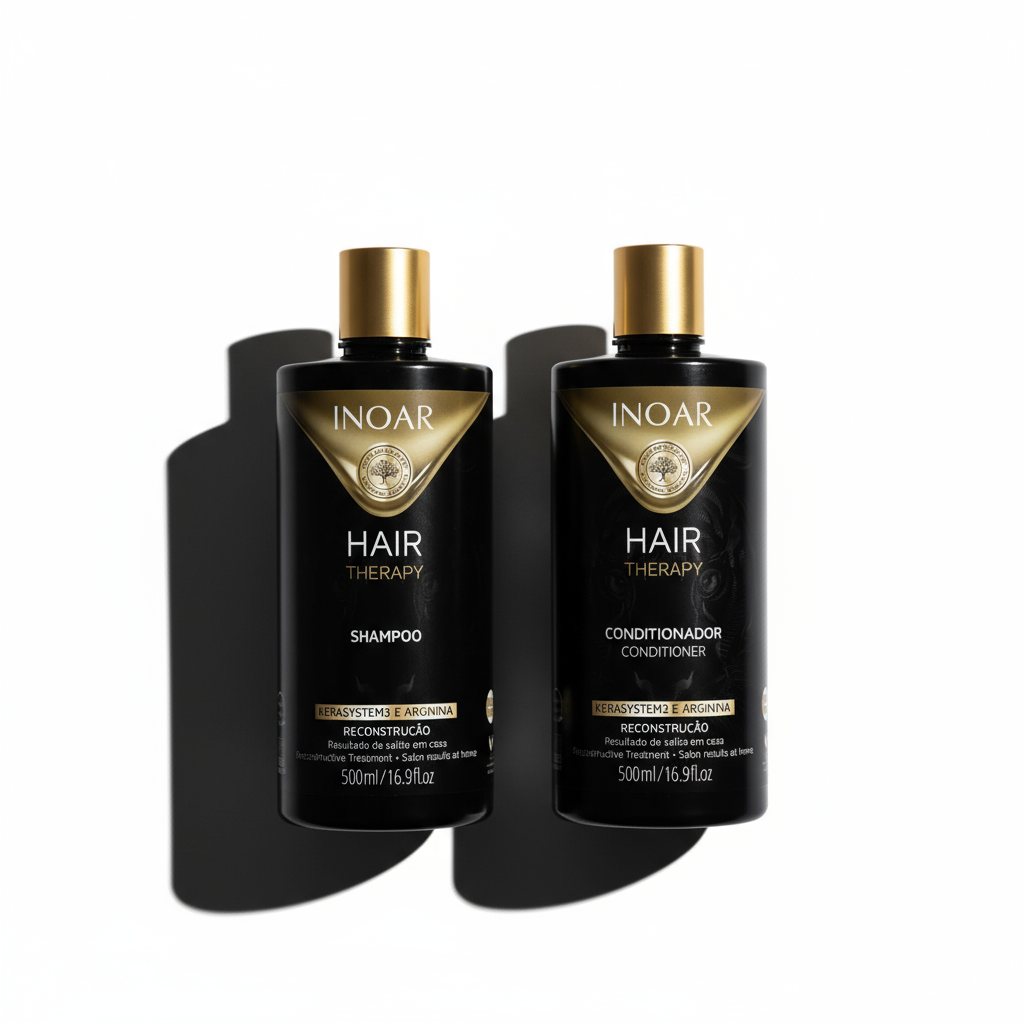 Inoar Hair Therapy bundle shampoo and conditioner set in black and gold bottles for hair care