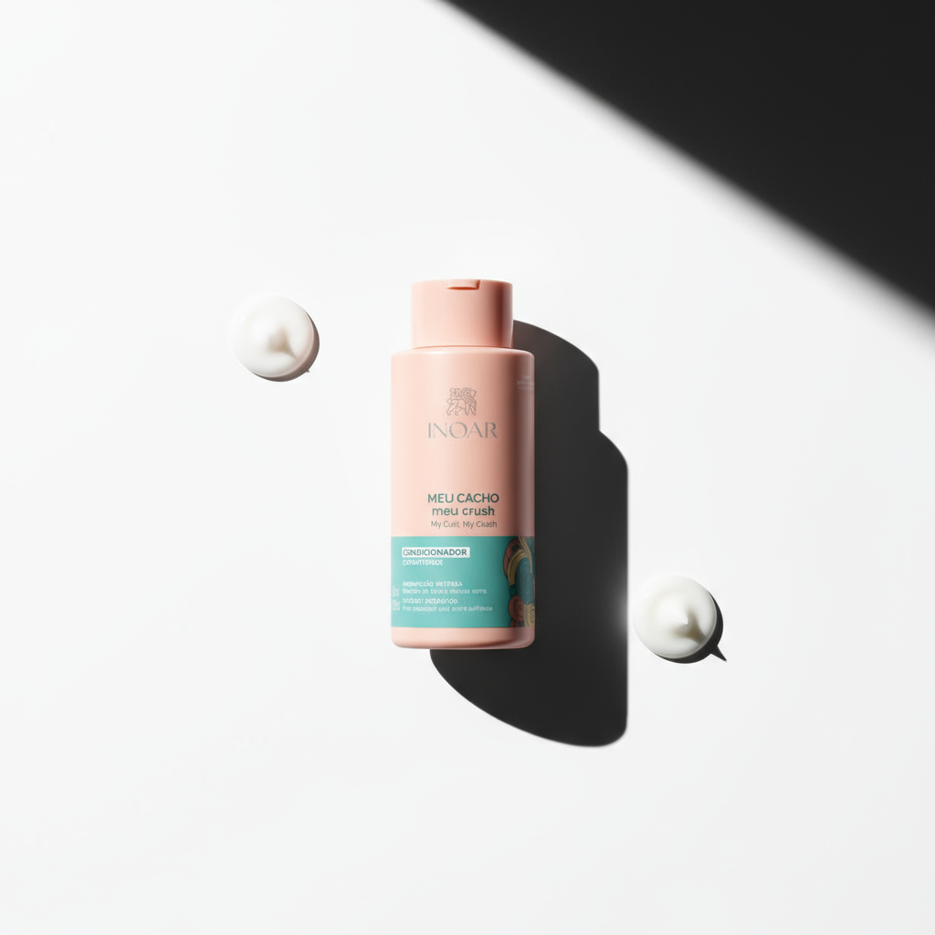 Inoar My Curl My Crush Conditioner bottle with cream droplets on white background