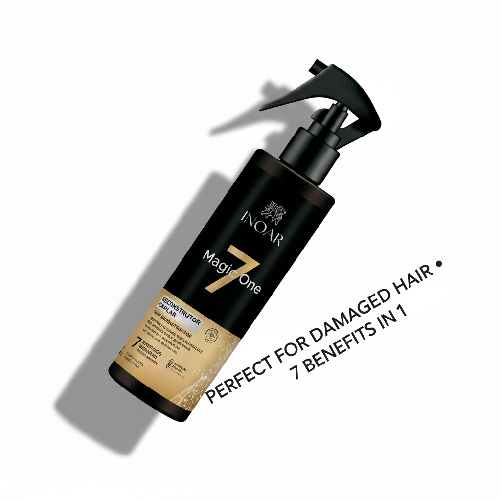 Inoar Magic One 7 Reconstructor Spray bottle with black and gold design for damaged hair repair