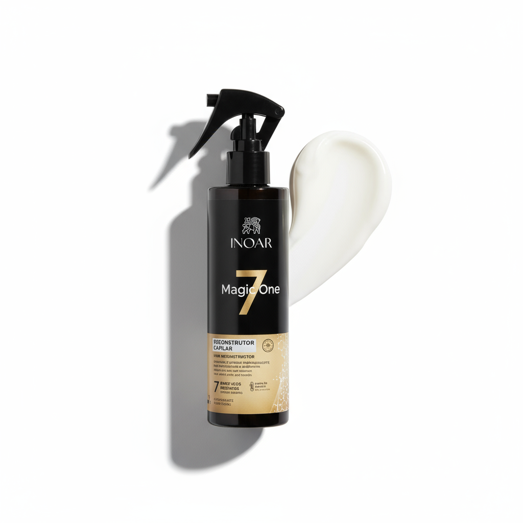 Inoar Magic One 7 Reconstructor Spray black bottle with cream texture on white background