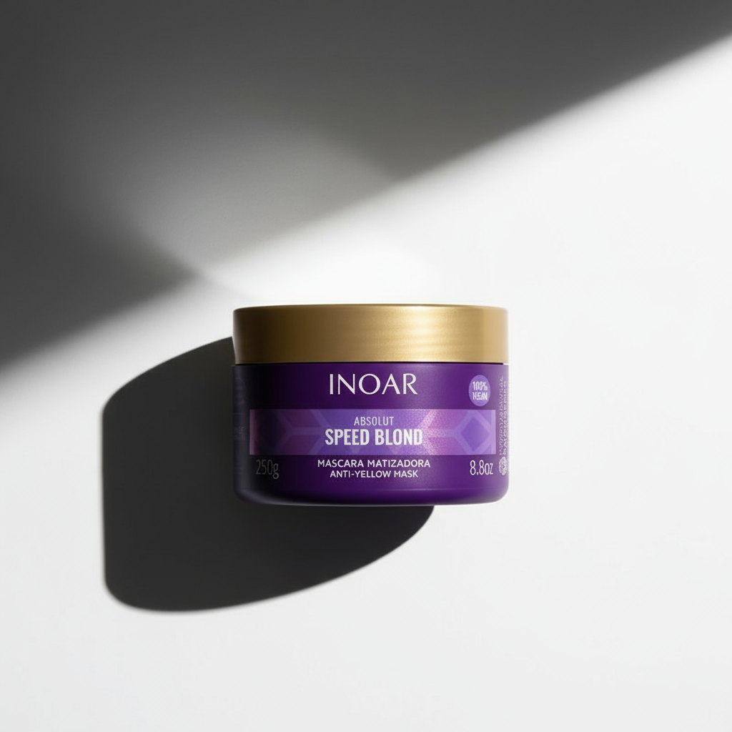 Inoar Absolut Speed Blond purple mask for brassy blonde hair in a 8.8oz container with gold lid