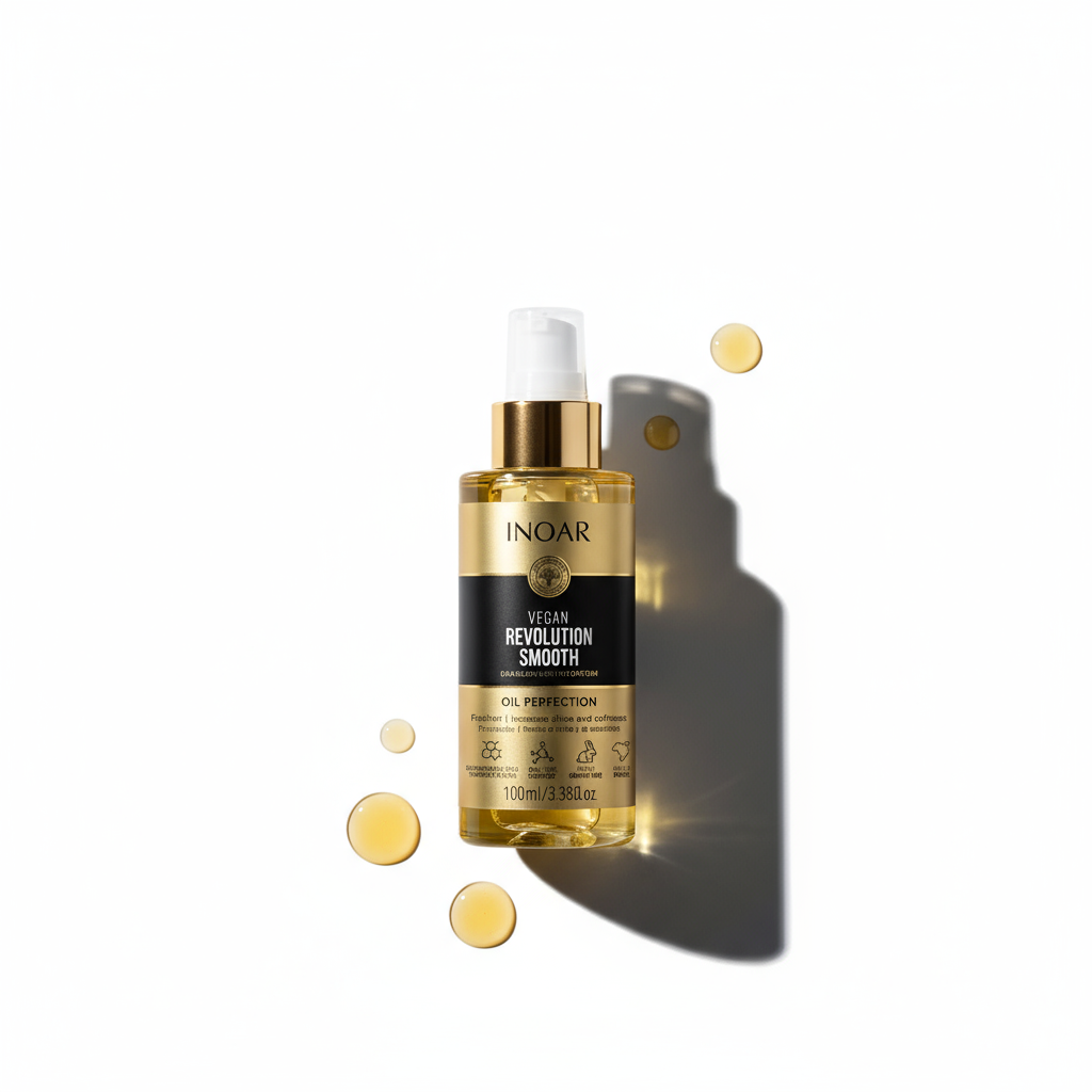 Inoar INOAR Revolution Smooth Perfection Oil bottle with golden styling aid drops on white background
