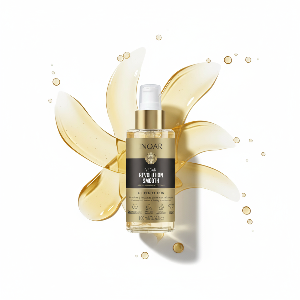 INOAR Revolution Smooth Perfection Oil styling aid with golden liquid droplets and clear bottle
