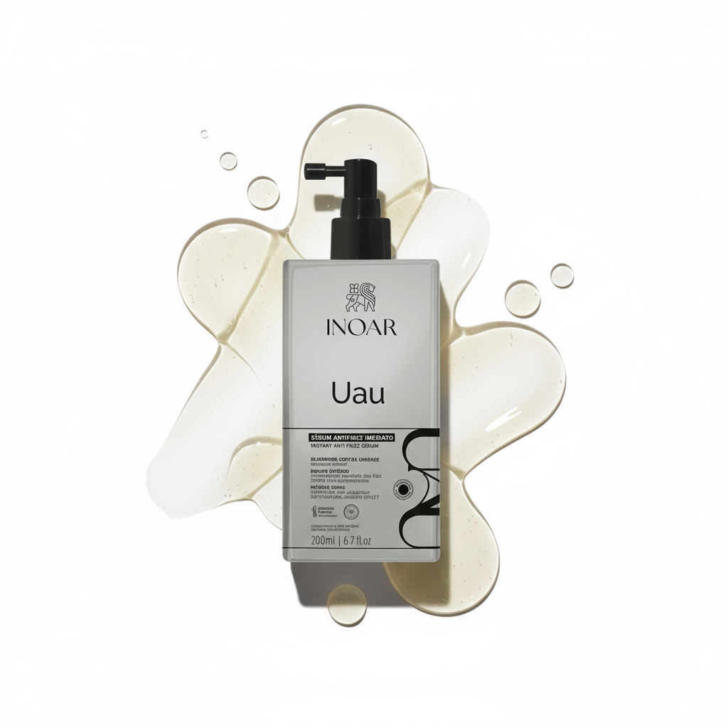 Inoar Uau serum spray bottle with clear anti-frizz liquid droplets for smooth hair treatment