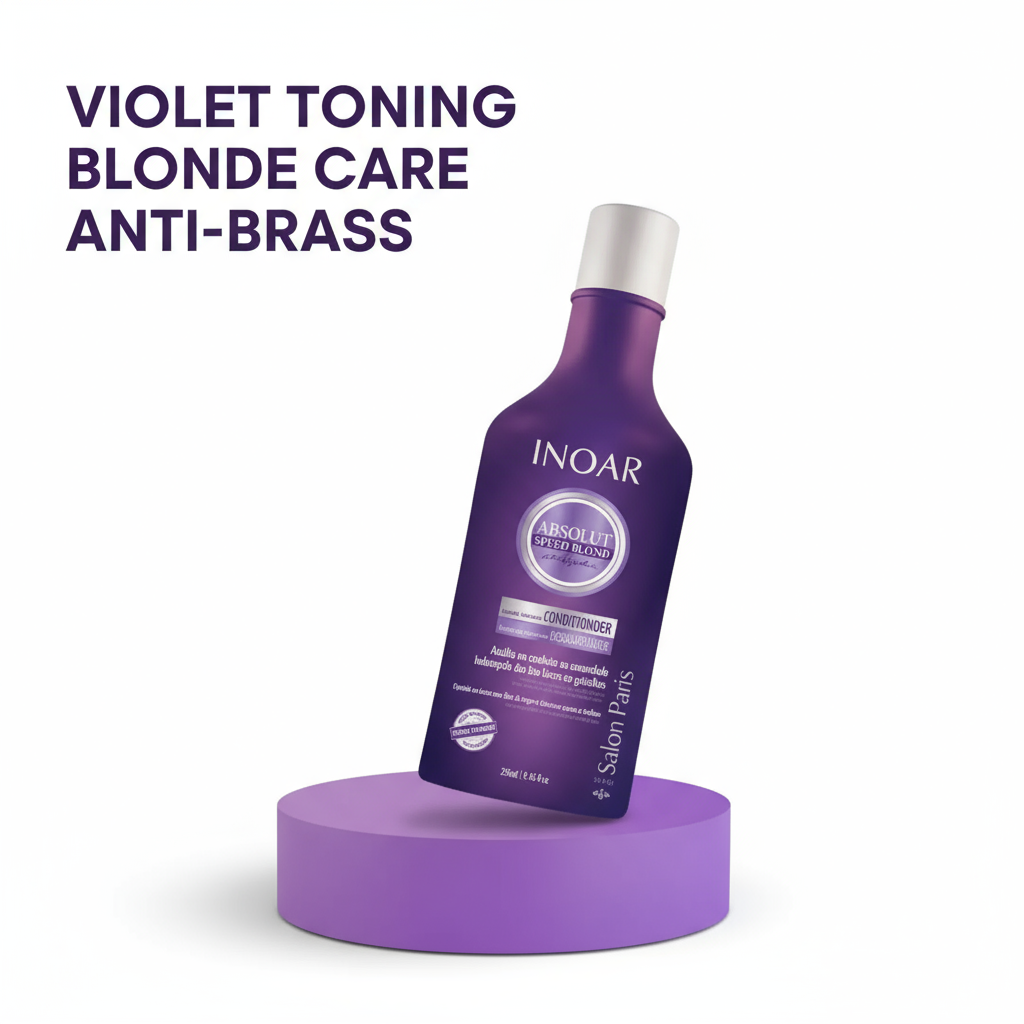 Inoar violet toning conditioner for blonde hair in purple bottle with anti-brass formula on purple display
