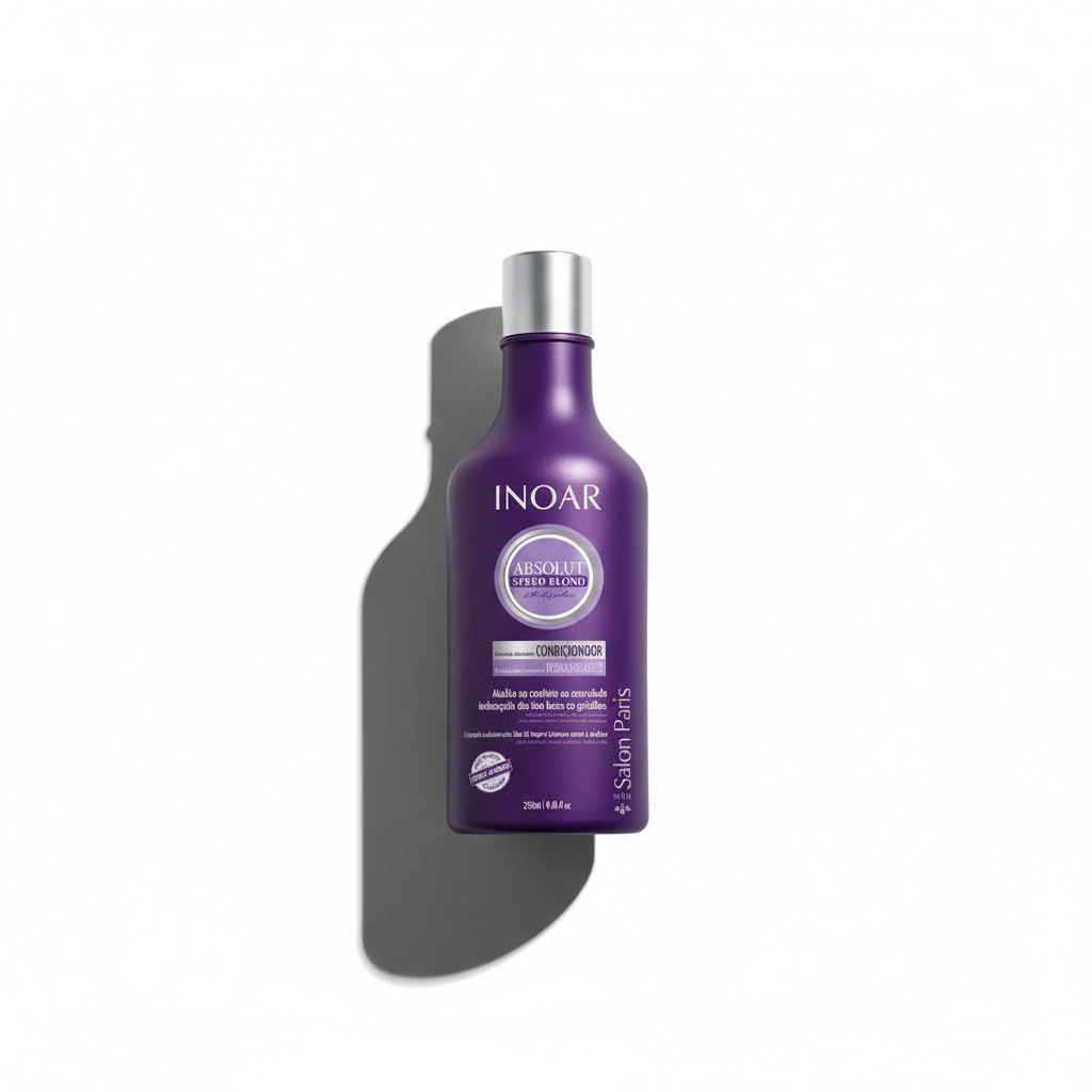 Inoar violet toning conditioner for blonde hair in a purple bottle with silver cap