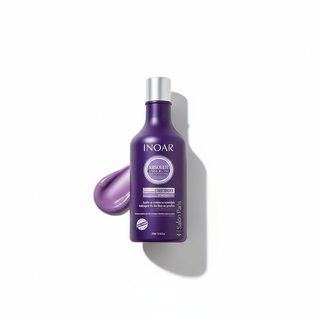 Inoar violet toning conditioner for blonde hair in a purple bottle with product sample smear