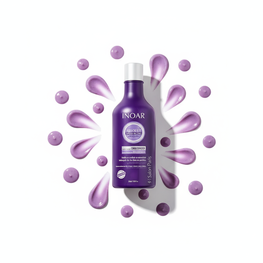 Inoar violet toning conditioner for blonde hair in a purple bottle with conditioner drops around it