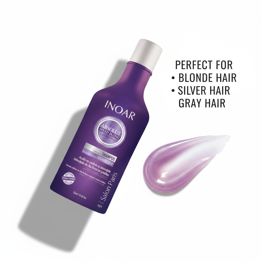 Inoar violet toning shampoo for blonde hair in purple bottle with swatch showing creamy texture