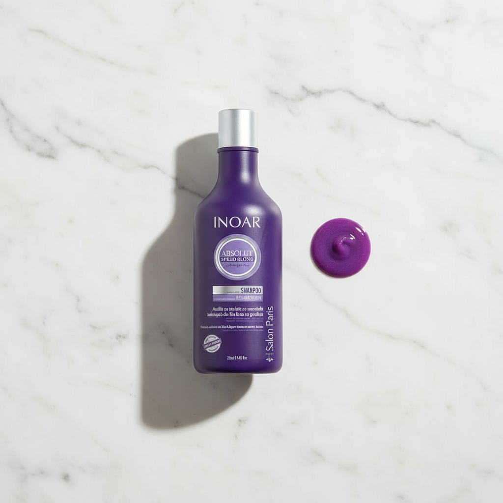 Inoar violet toning shampoo for blonde hair in purple bottle with shampoo swatch on marble surface