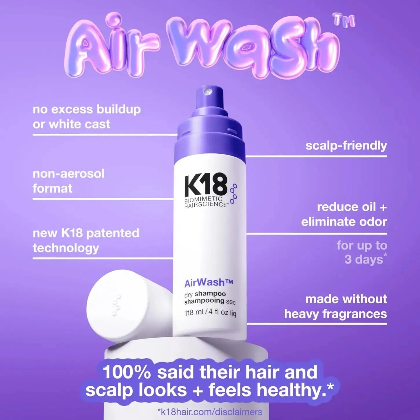 K18 AirWash Dry Shampoo: Non-Aerosol, Scalp-Friendly Hair Refresh. Controls Oil, No White Cast, Healthy Scalp, & Clean Hair!