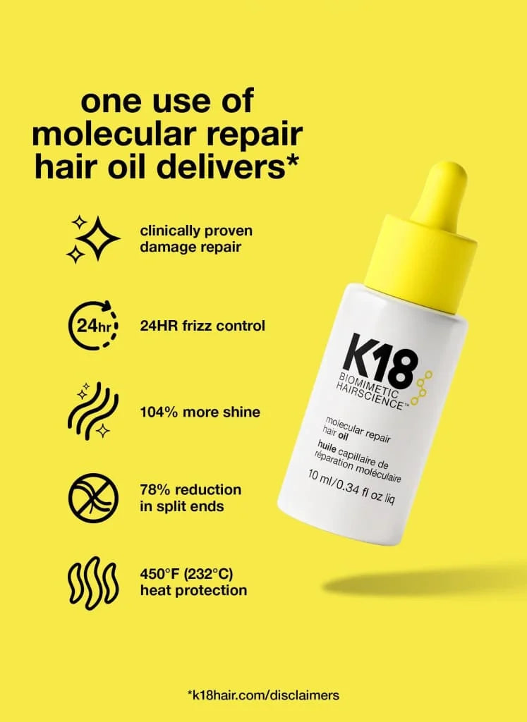 K18 Molecular Repair Hair Oil: Damage Repair, Frizz Control, Shine, Heat Protection.