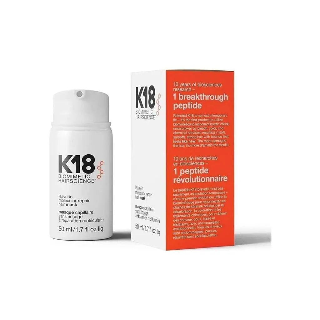 K18 Leave In Molecular Hair Repair Mask in a bottle with a box, designed for hair restoration