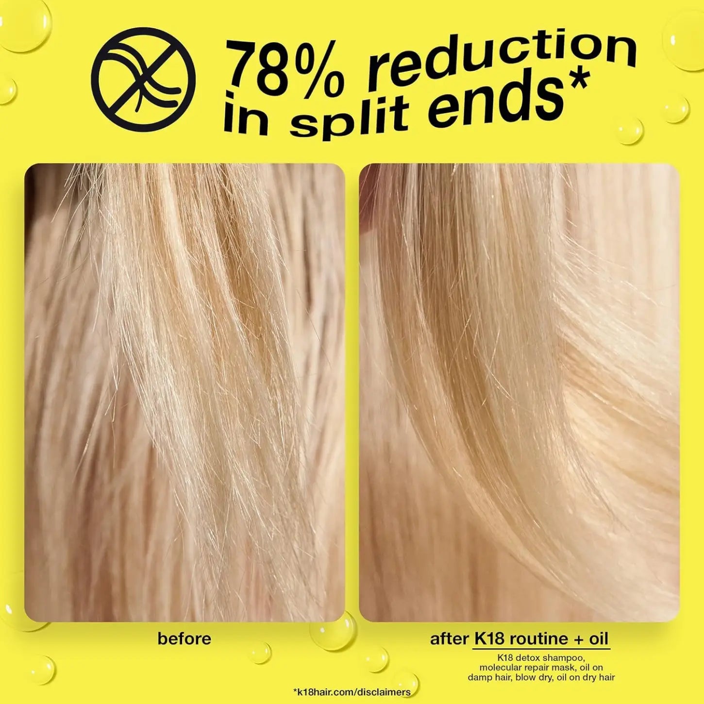 K18 hair repair: Before & after split ends reduction. See the difference! Molecular repair for healthier hair.