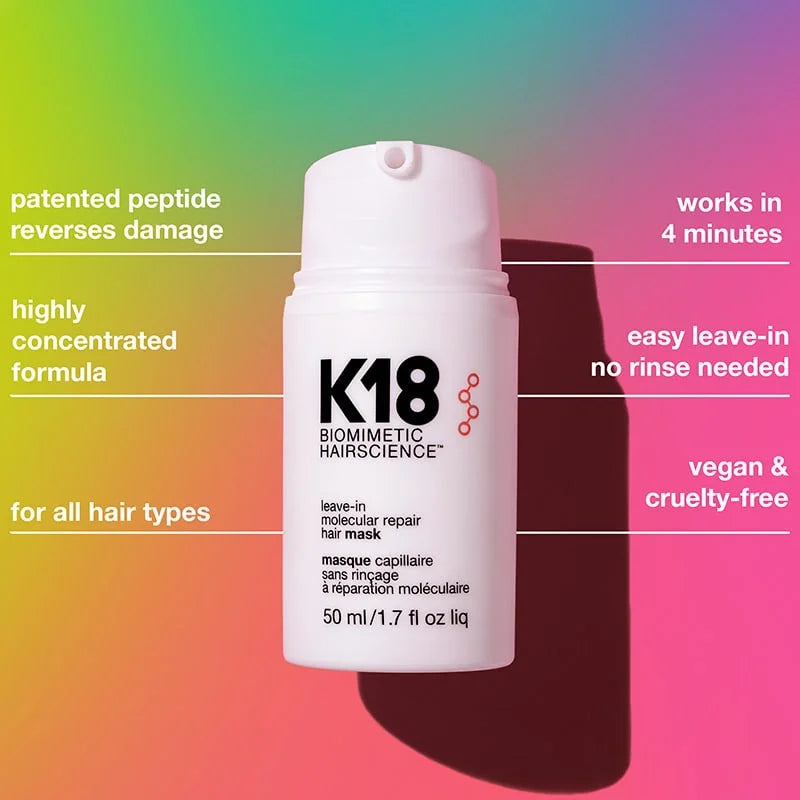 K18 Leave-In Molecular Hair Mask: Repair, Vegan & Cruelty-Free for All Hair Types! Peptide-powered damage reversal in 4 minutes.