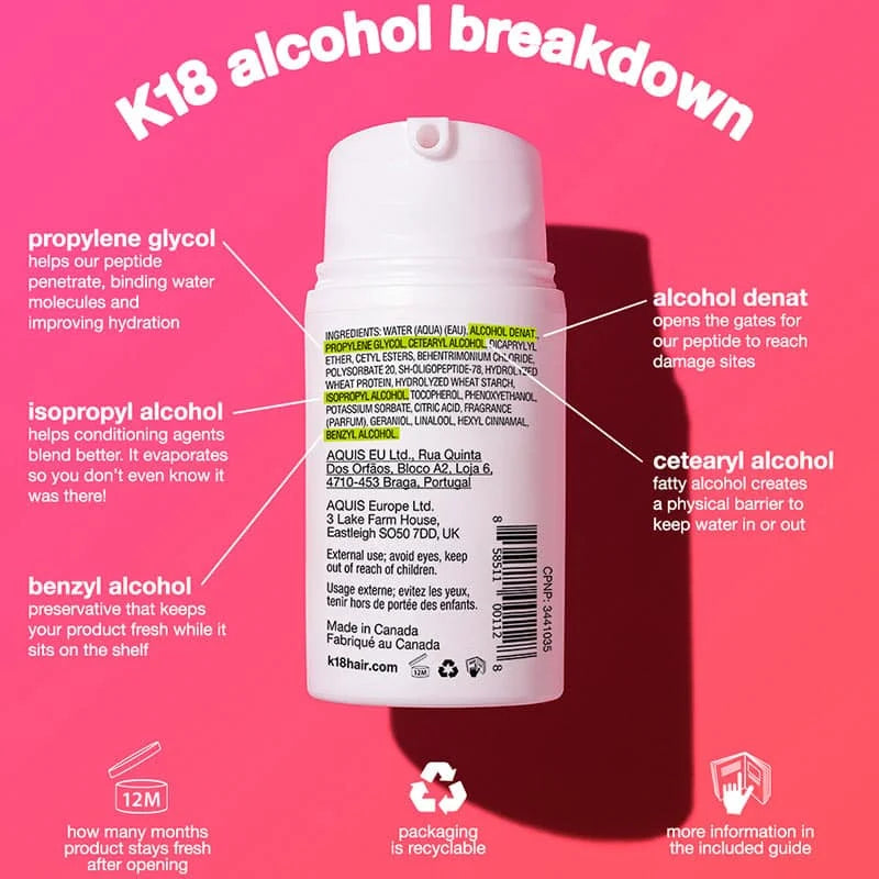 K18 alcohol breakdown: ingredients explained in hair treatment for damage repair. See details!