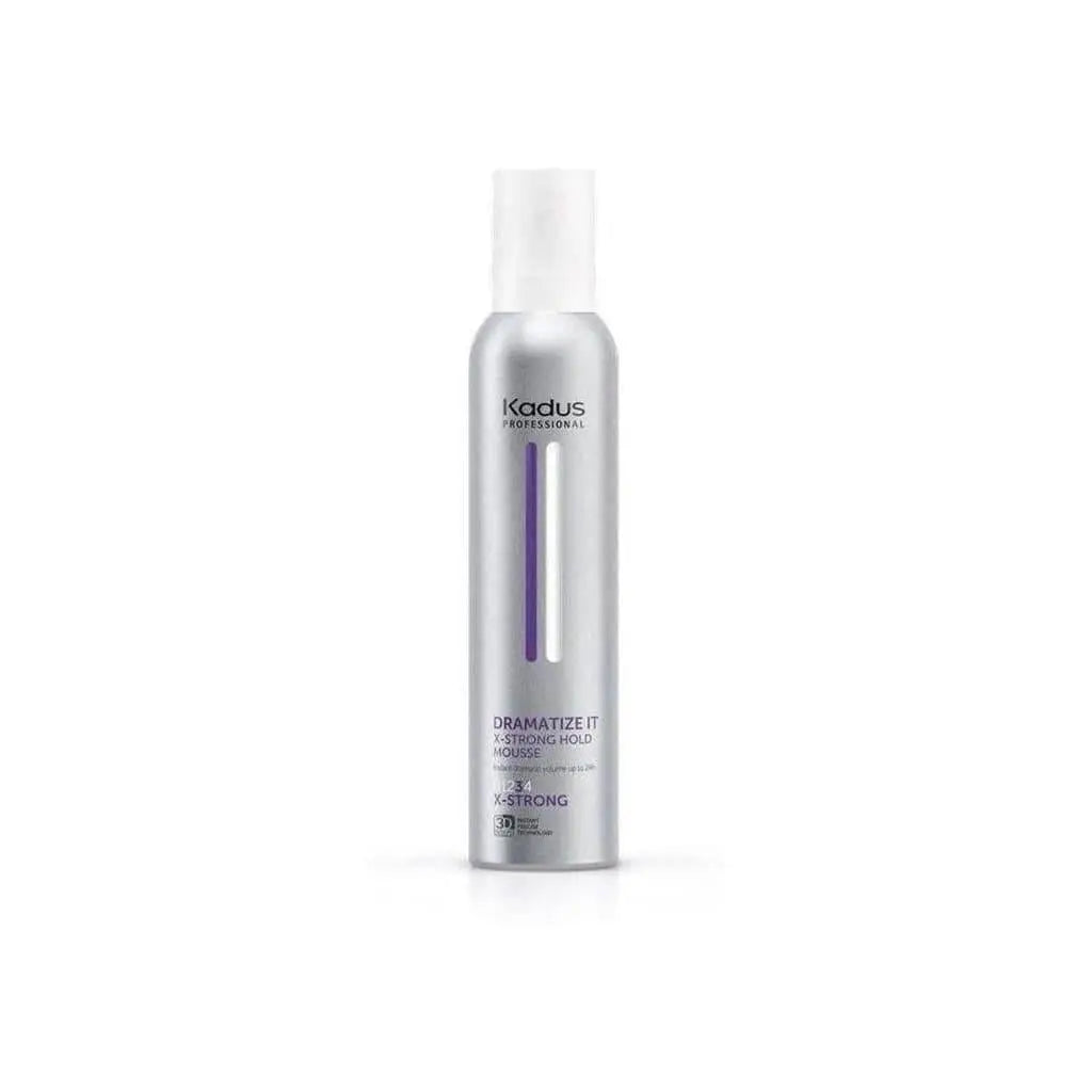 Silver aerosol can of Kadus Dramatize It X-Strong Hold Mousse, 250ml for dramatic volume