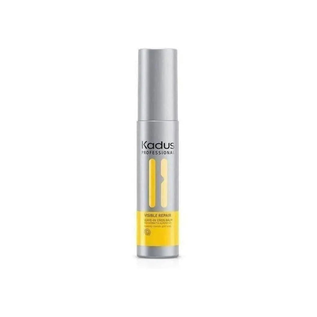 Silver cylindrical bottle of Kadus Visible Repair Leave-In Ends Balm - 75ml with yellow accents