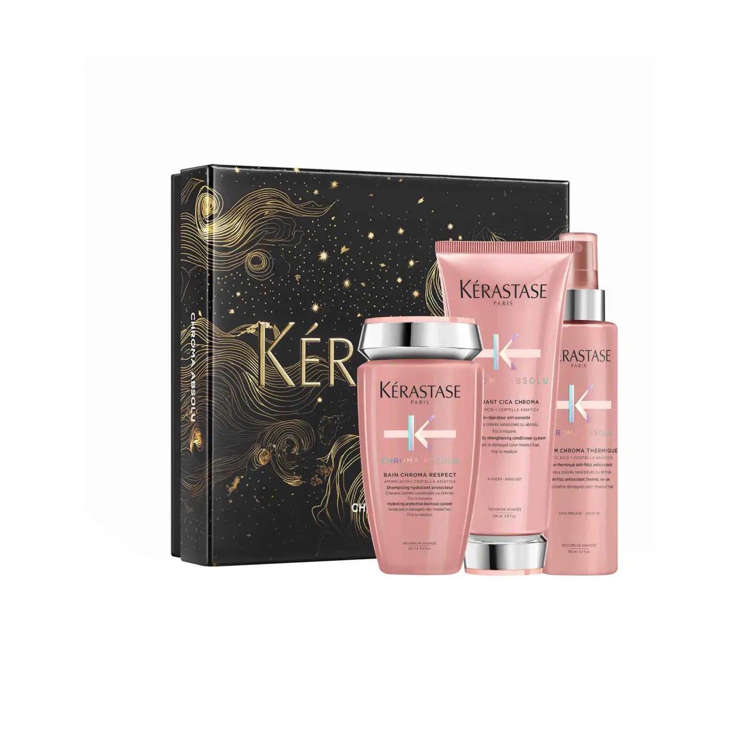 Kérastase Chroma Absolu Gift Set: Hair Care for Color-Treated Hair. Shampoo, Conditioner, Serum. Pink Bottles & Black Box