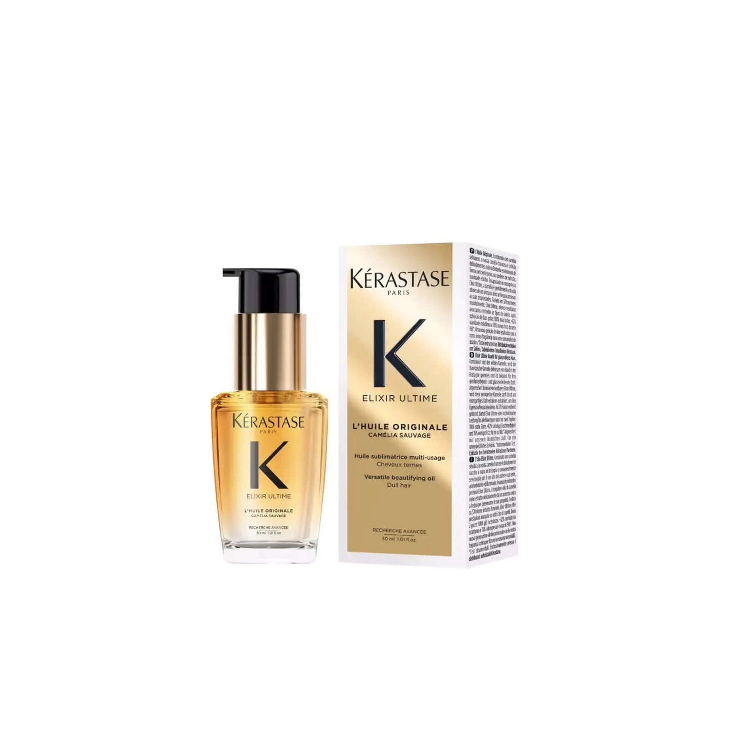 Kérastase Elixir Ultime Hair Oil: Refillable bottle & box. Luxurious hair care for shine & frizz control.