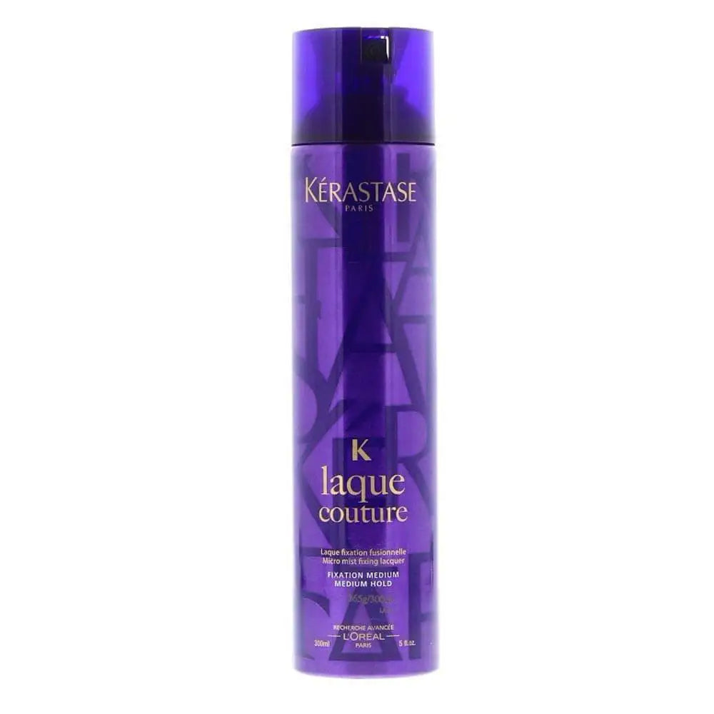 Purple bottle of Kérastase Laque Couture 300ml hair spray labeled ’K laque couture’