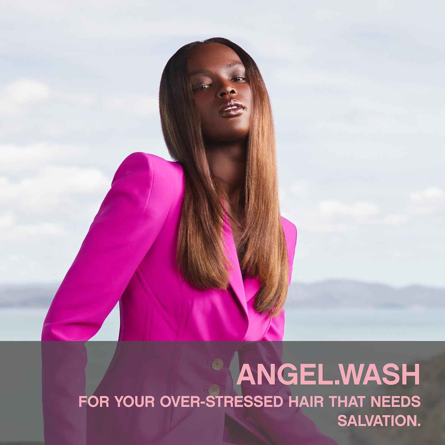 Model with smooth hair representing Kevin Murphy Angel.Wash volumizing shampoo for over-stressed hair