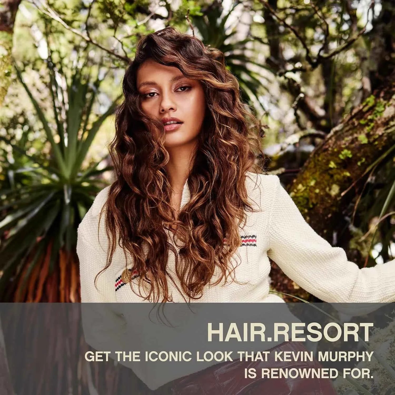 Kevin Murphy Hair.Resort: Beach Waves & Curls. Model with textured hair promotes curl enhancing product.