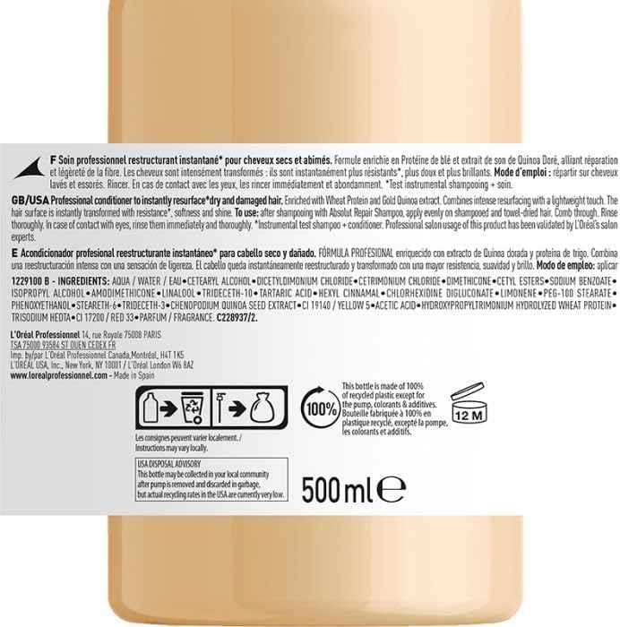 L'Oreal Absolut Repair Conditioner Ingredients - Wheat Protein, Gold Quinoa, and Bottle Recycling Information