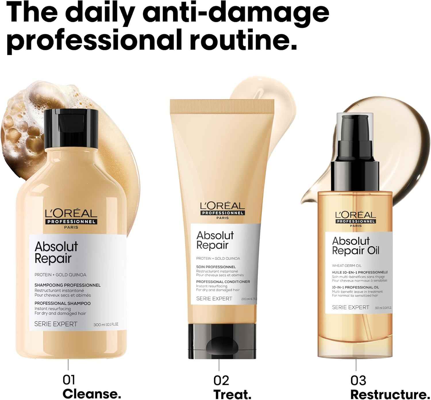 L'Oreal Absolut Repair Trio: Shampoo, Conditioner & Oil for Damaged Hair. Anti-Damage Professional Haircare Routine.