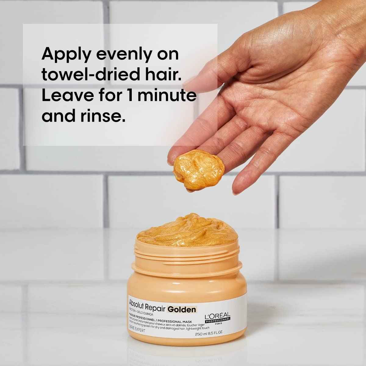 L'Oreal Absolut Repair Golden Hair Mask. Nourishing hair treatment for damage repair and shine. Apply evenly, rinse after one minute.