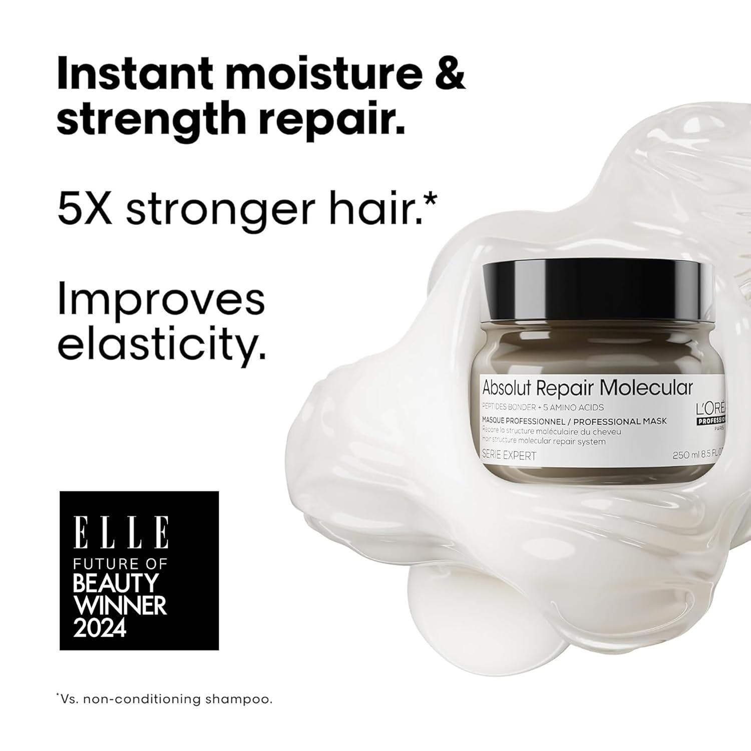 L'Oréal Absolut Repair Molecular Hair Mask: Strength & Elasticity. Elle Beauty Winner 2024! Intense repair for damaged hair.